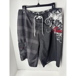 Vintage Y2K Miami Ink Plaid Graphic Swim Trunks Mens 36 Black White Red Skulls